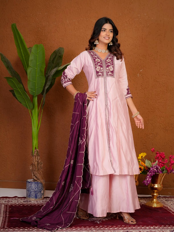 Elegant Pink Roman Silk Anarkali Kurti Set
