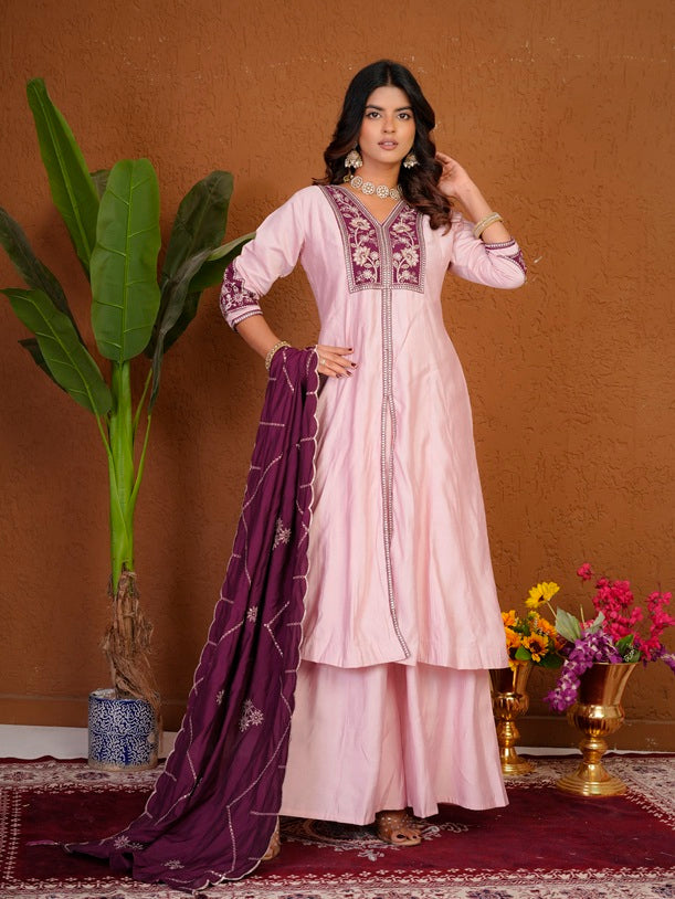 Elegant Pink Roman Silk Anarkali Kurti Set