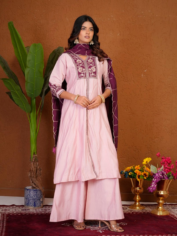 Elegant Pink Roman Silk Anarkali Kurti Set