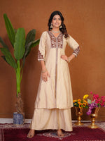 Elegant Cream Roman Silk Anarkali Kurti Set