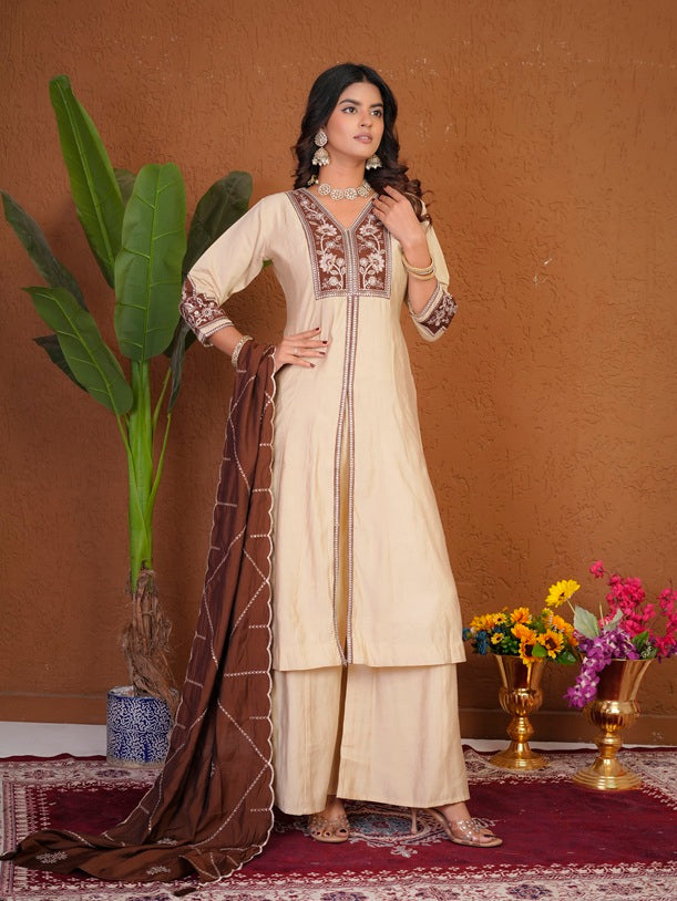 Elegant Cream Roman Silk Anarkali Kurti Set