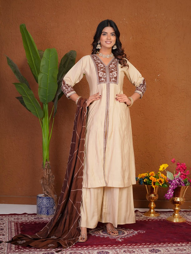 Elegant Cream Roman Silk Anarkali Kurti Set