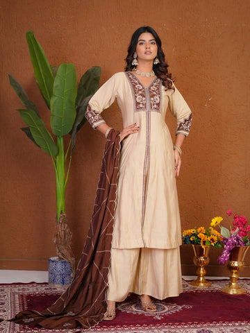 Elegant Cream Roman Silk Anarkali Kurti Set