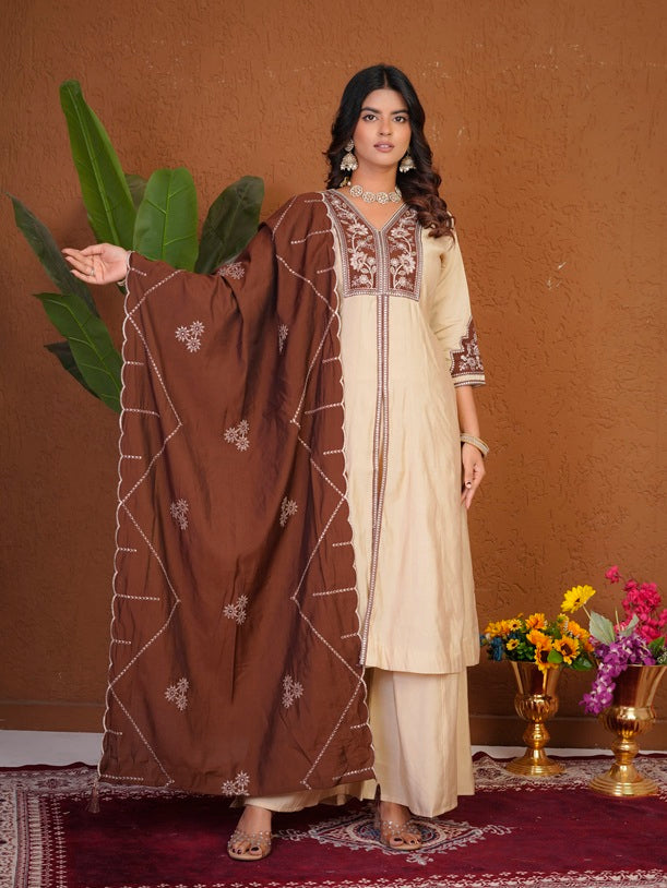 Elegant Cream Roman Silk Anarkali Kurti Set