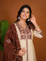 Elegant Cream Roman Silk Anarkali Kurti Set