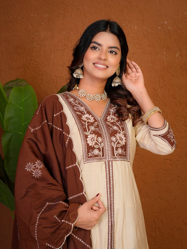 Elegant Cream Roman Silk Anarkali Kurti Set