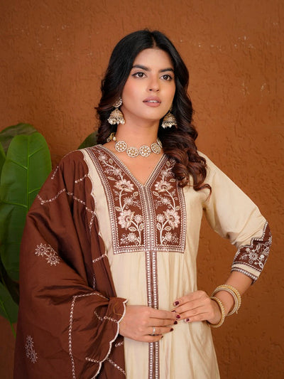 Elegant Cream Roman Silk Anarkali Kurti Set