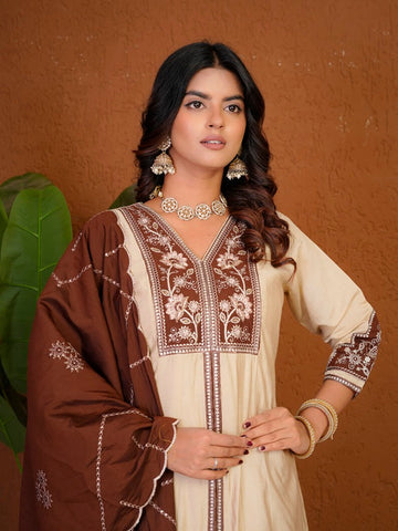 Elegant Cream Roman Silk Anarkali Kurti Set