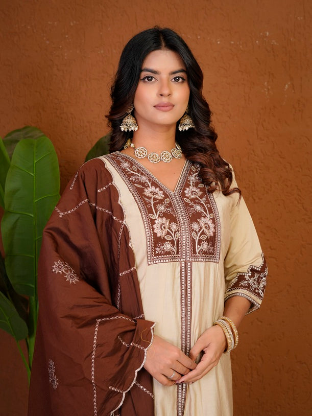 Elegant Cream Roman Silk Anarkali Kurti Set