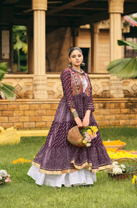 Wine Ethnic Printed Long Shrug with White Dress Set