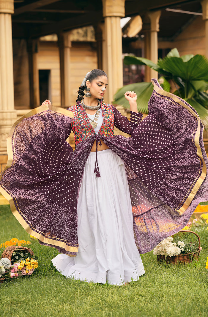Wine Ethnic Printed Long Shrug with White Dress Set