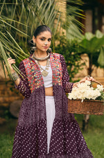 Wine Ethnic Printed Long Shrug with White Dress Set