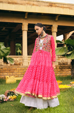 Rani Pink Ethnic Printed Long Shrug with White Dress Set