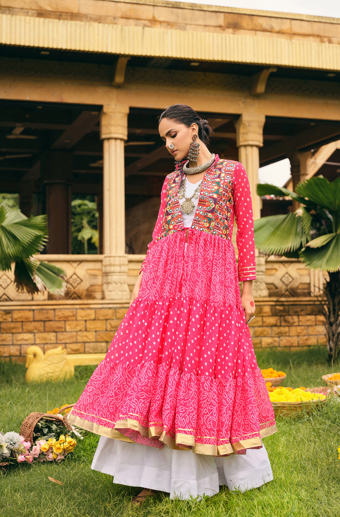 Rani Pink Ethnic Printed Long Shrug with White Dress Set