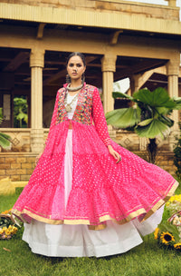 Rani Pink Ethnic Printed Long Shrug with White Dress Set
