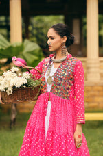 Rani Pink Ethnic Printed Long Shrug with White Dress Set