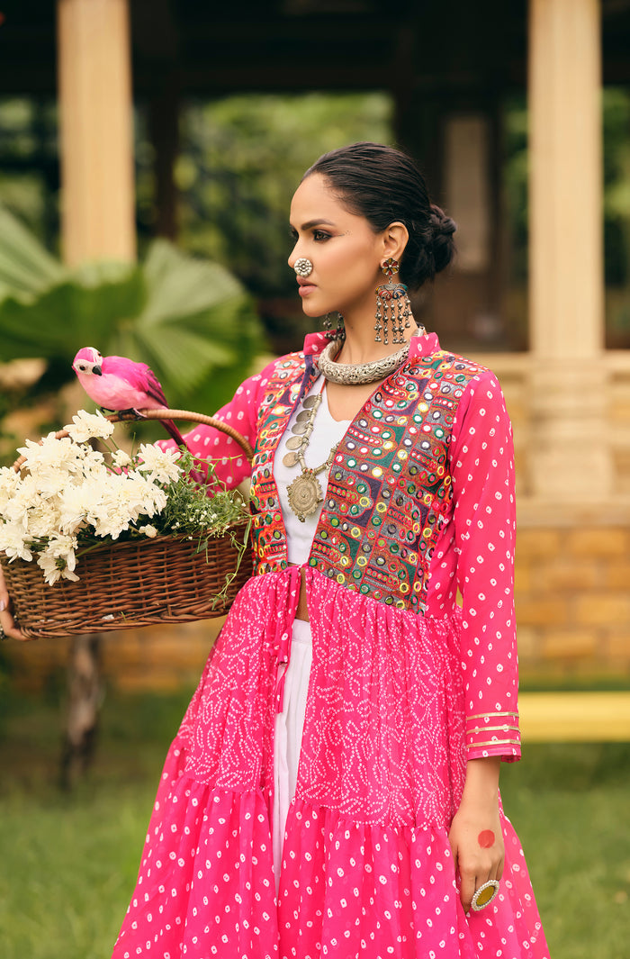 Rani Pink Ethnic Printed Long Shrug with White Dress Set