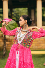 Rani Pink Ethnic Printed Long Shrug with White Dress Set