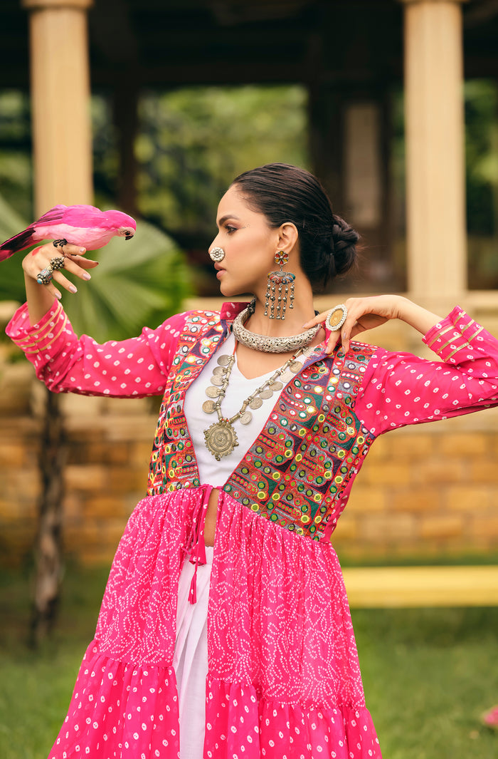 Rani Pink Ethnic Printed Long Shrug with White Dress Set