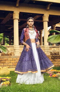 Navy Blue Ethnic Printed Long Shrug with White Dress Set