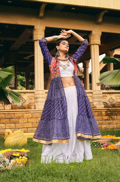 Navy Blue Ethnic Printed Long Shrug with White Dress Set