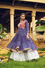 Navy Blue Ethnic Printed Long Shrug with White Dress Set