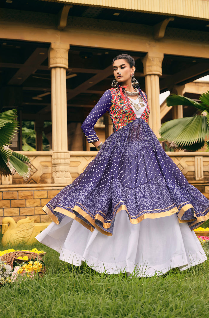 Navy Blue Ethnic Printed Long Shrug with White Dress Set