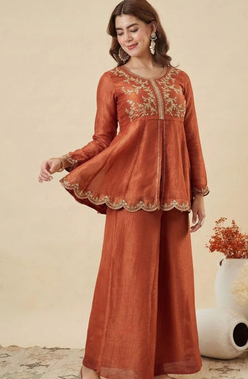 Orange Crunchy Silk Embroidered Palazzo Set