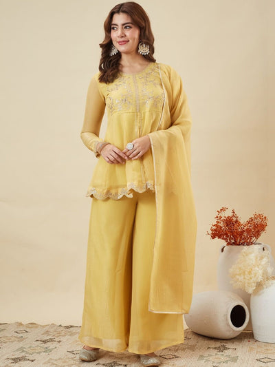 Yellow Crunchy Silk Embroidered Palazzo Set