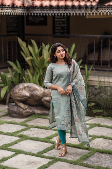 Pista Green Cotton Printed Kurti Set