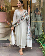 Off White Embroidered Viscose Chanderi Suit Set