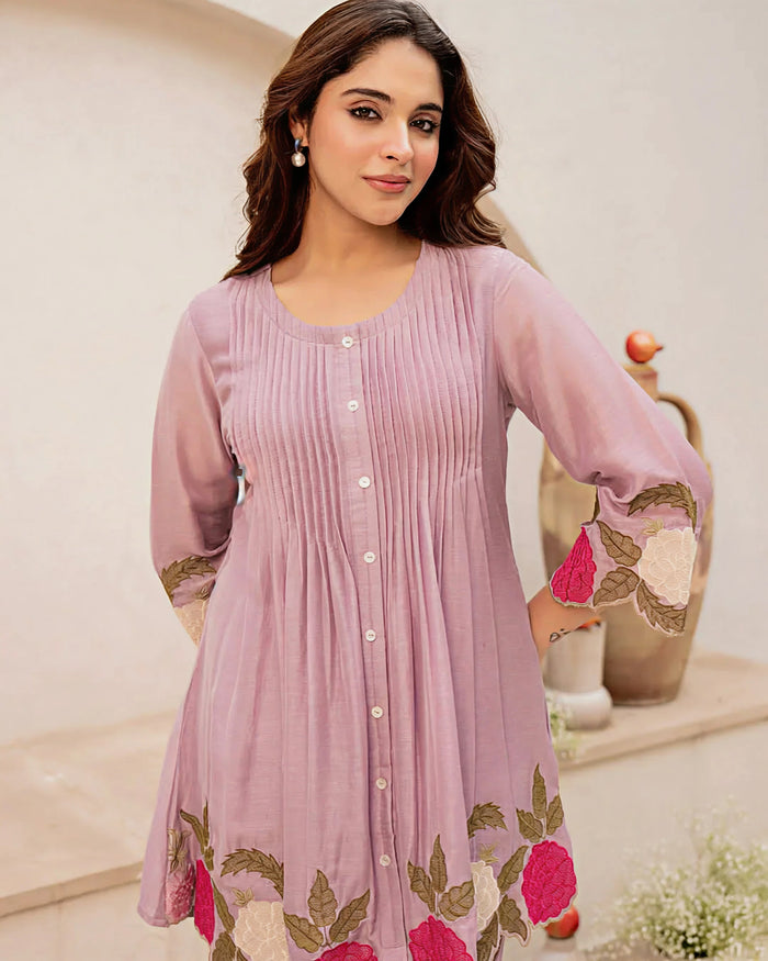 Elegant Lavender Mul Chanderi Embroidered Cord Set for Women