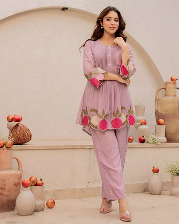 Elegant Lavender Mul Chanderi Embroidered Cord Set for Women