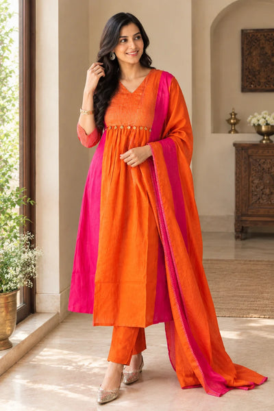 Teal Orange Mul Chanderi Anarkali Suit Set