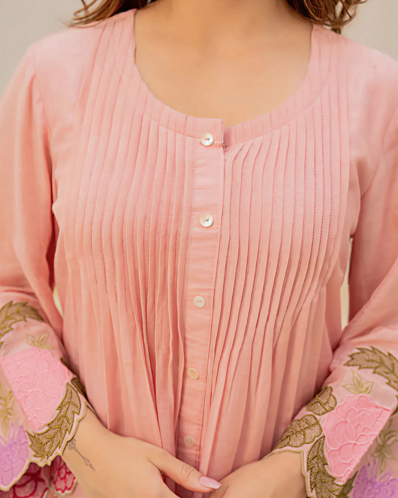 Elegant Peach Mul Chanderi Embroidered Cord Set for Women