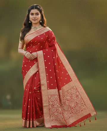 Bright Red Jacquard Saree for Women – Vibrant Festive & Party Wear Elegance