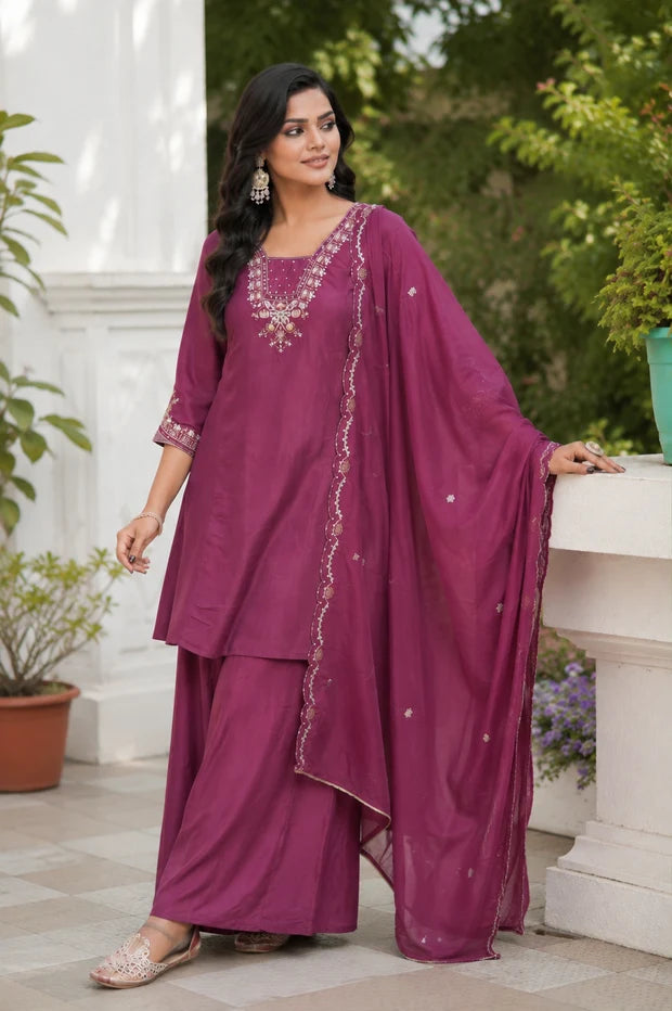 Plum Embroidered Viscose Suit Set