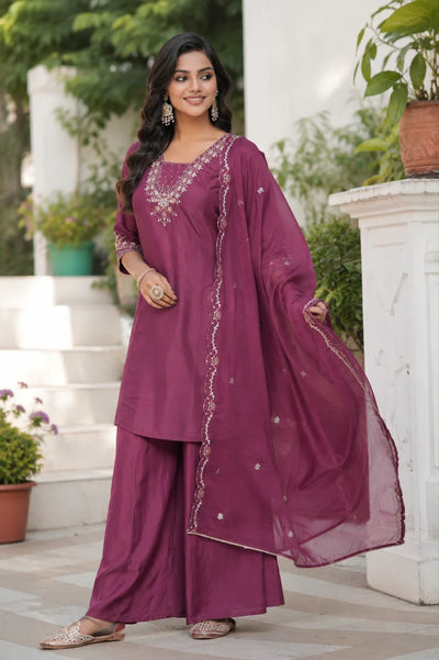 Plum Embroidered Viscose Suit Set