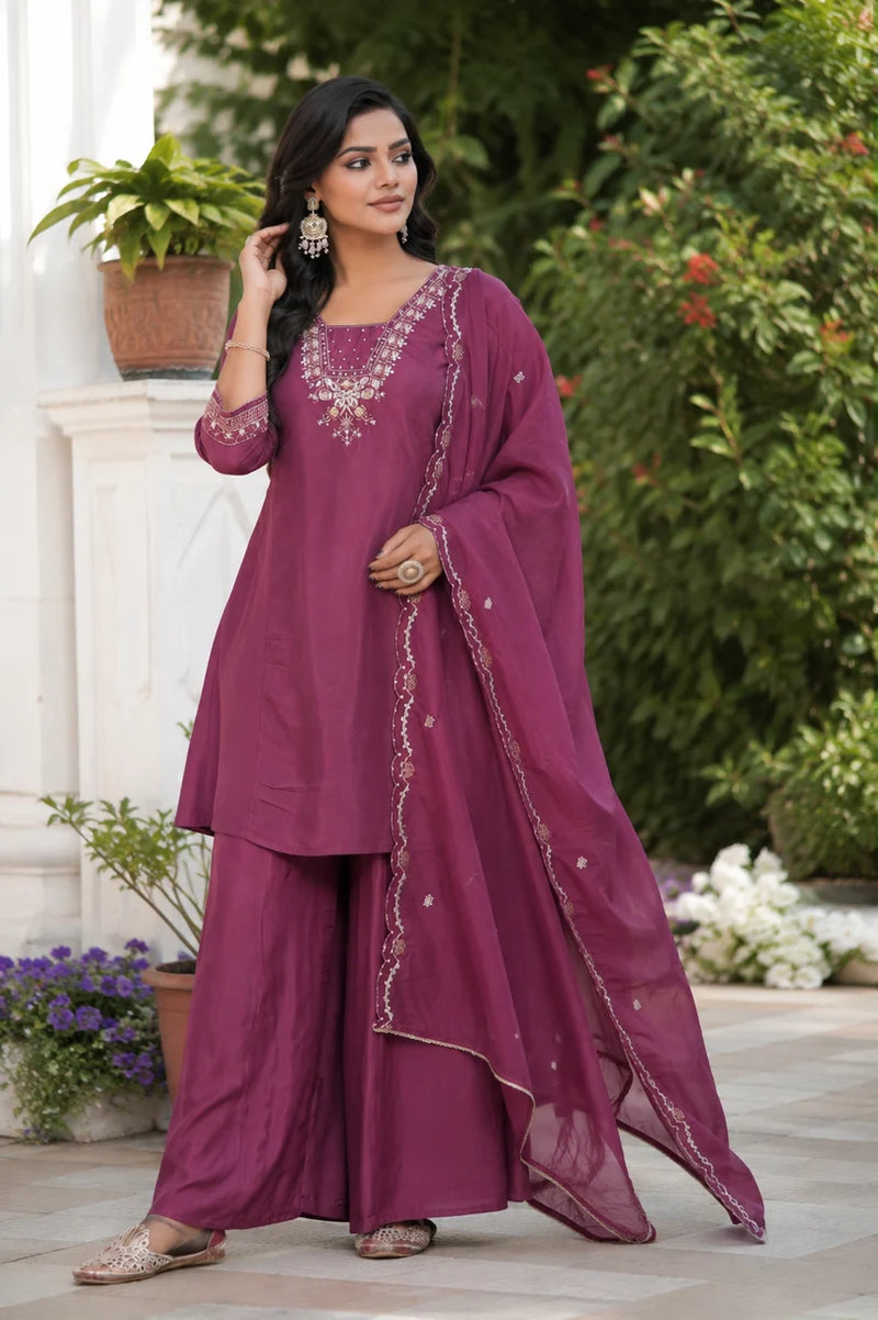 Plum Embroidered Viscose Suit Set