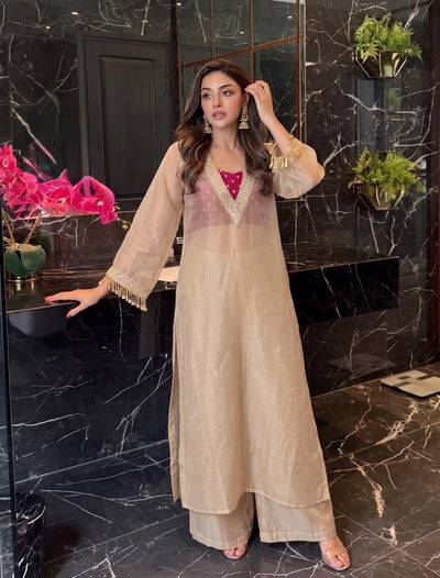 Golden Embroidered Tissue Silk Kurta Palazzo Set