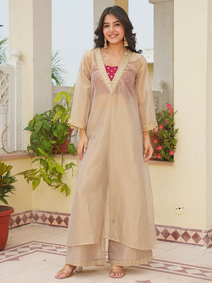 Golden Embroidered Tissue Silk Kurta Palazzo Set