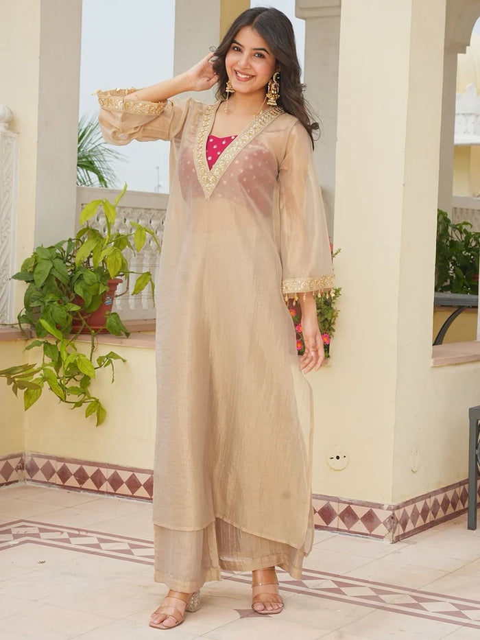 Golden Embroidered Tissue Silk Kurta Palazzo Set