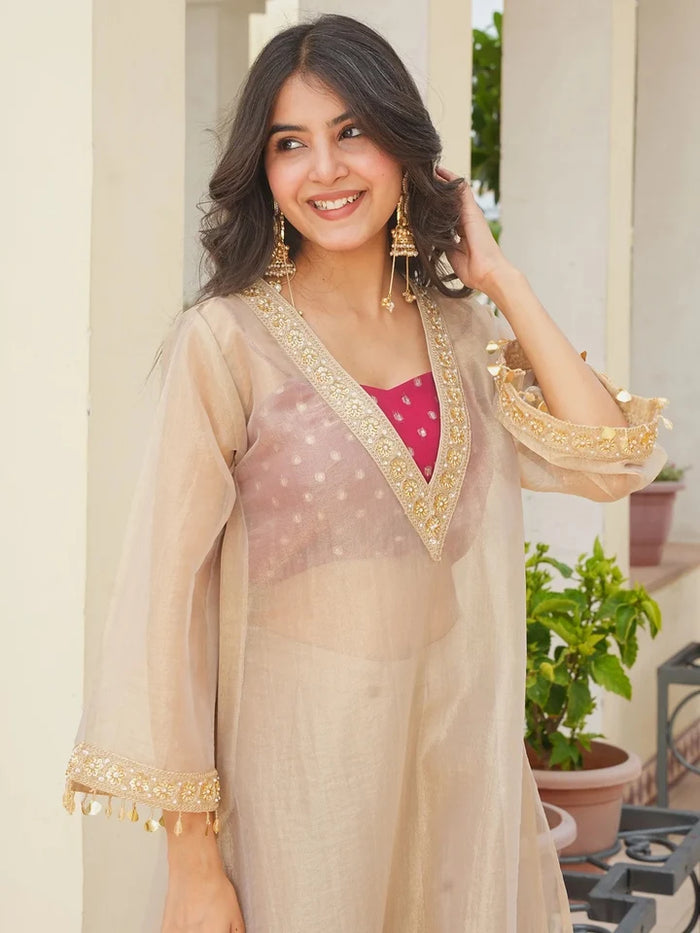 Golden Embroidered Tissue Silk Kurta Palazzo Set