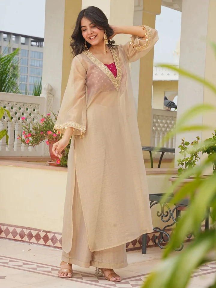 Golden Embroidered Tissue Silk Kurta Palazzo Set