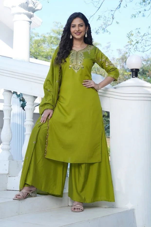 Olive Green Embroidered Silk Suit Set