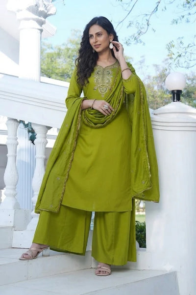 Olive Green Embroidered Silk Suit Set