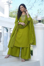 Olive Green Embroidered Silk Suit Set