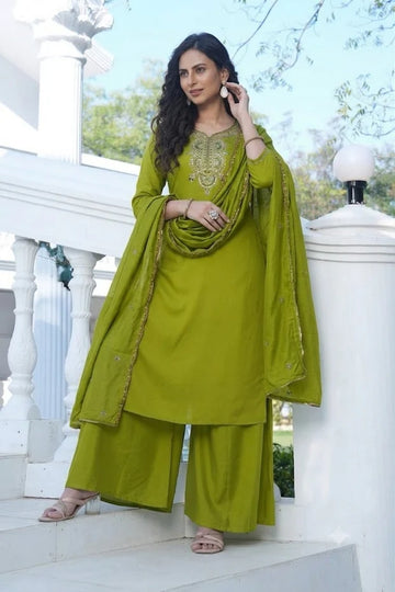 Olive Green Embroidered Silk Suit Set