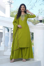 Olive Green Embroidered Silk Suit Set