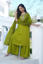 Olive Green Embroidered Silk Suit Set